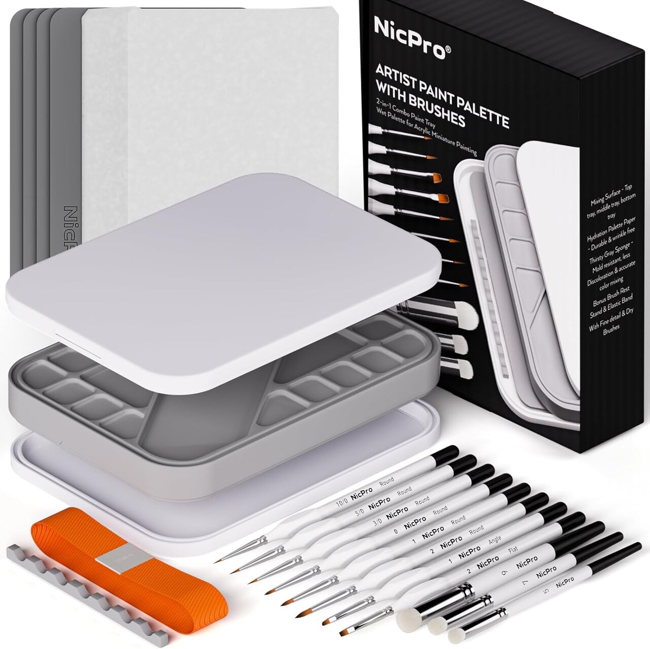 Miniature Painting Kit with Wet Palette & 11PCS Detail Paint Brushes Drybrush(White)